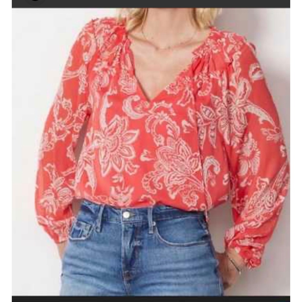 Evereve Blouse S Red/Coral White Floral Paisley Boho Peasant Chiffon Romance